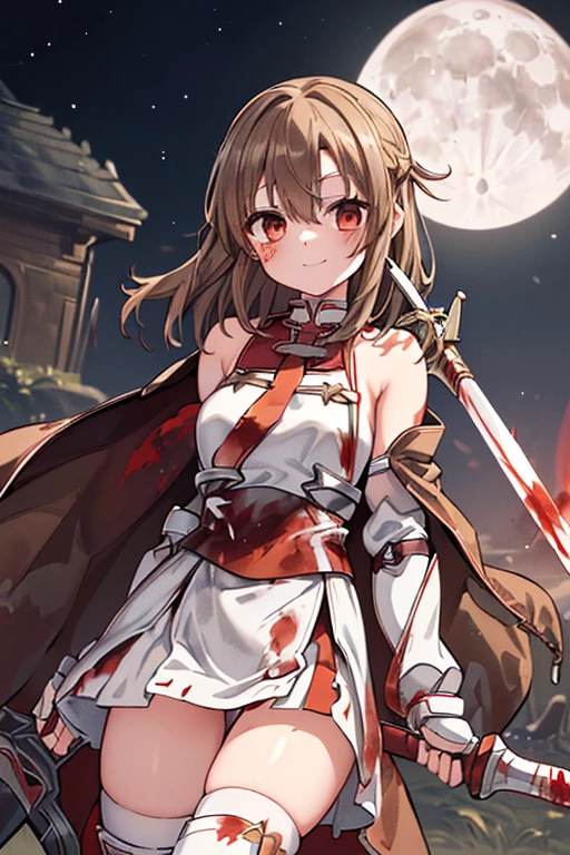 8k,(Asuna(star): 1.6),One Girl, alone,(Perfect Anatomy:1.43), (Medium Hair:1.55) ,(Half Up:1.45),bangs, Brown eyes,Beautiful Eyes,(Sad Smile:1.3),White knee socks,(Brown Hair:1.6),blood stained boots,(1:1.5),whole body,(A combination of blood-white silver full plate armor and a long blood-stained cloak.:1.63),(Exposing shoulders:1.5),(mini skirt:1.26),(With a blood-stained rapier in hand:1.43),(A bloody battlefield on a moonlit night:1.52),Fantasy,(Blood Effect:1.53),throw,Eye level,(Cast a Shadow:1.21)