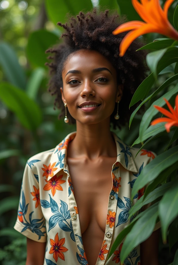 A Brazilian woman in a lush tropical garden, wearing an open shirt with a floral print, with a close-up capturing the harmonious beauty between her breasts and the natural flowers, showing off your natural charm and outgoing personality.