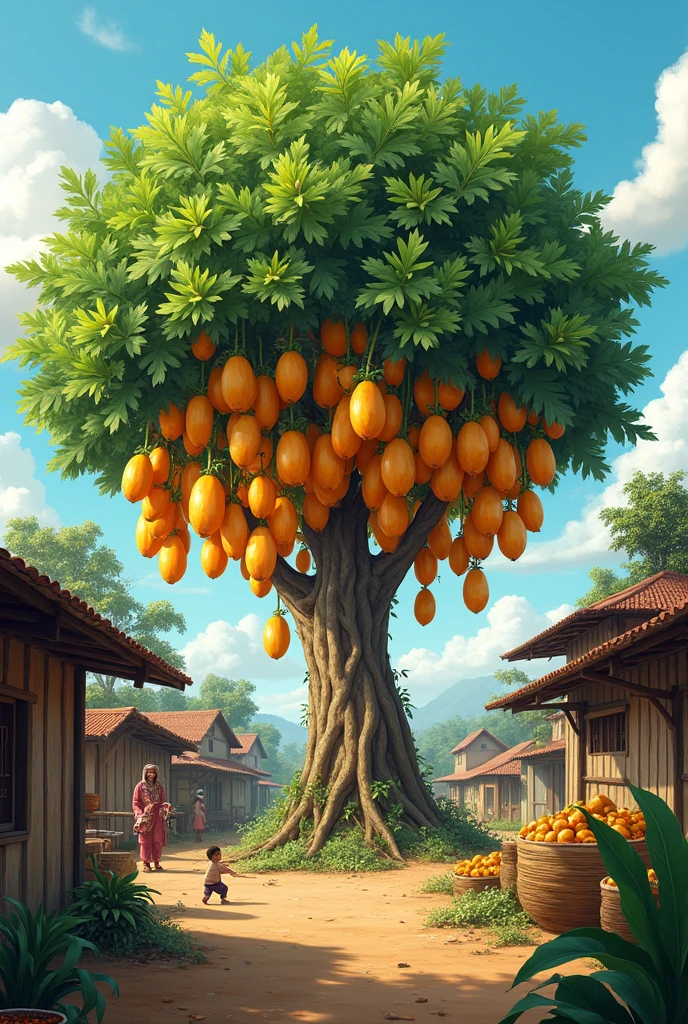 A papaya tree small
10,000 fruits.In a poor village with many people