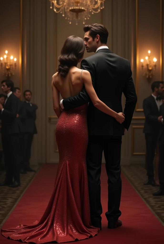 Woman in evening dress with her back to.Man in suit. She was not hugged. She turned her back on，Man facing.
