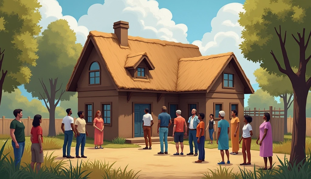a realistic photo of community of many people of all gender and race that are working together and building a house