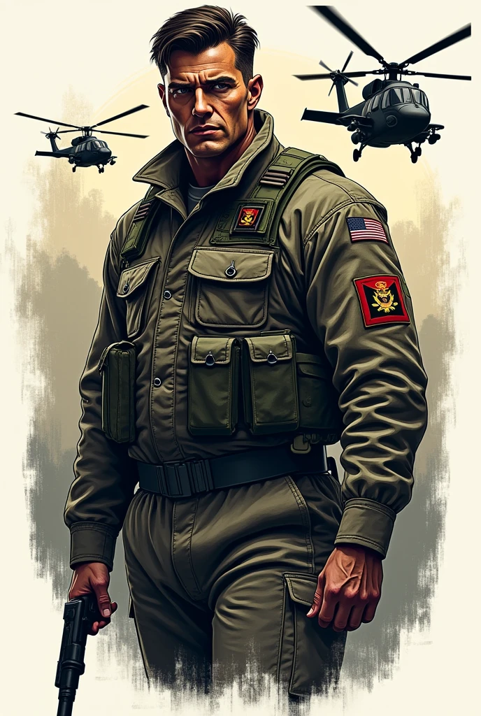 Create a tattoo decal, an army soldier, with a helicopter in the background, a Quaderna(trevo) of cape, and a CFC writing and an aeromobile maniac