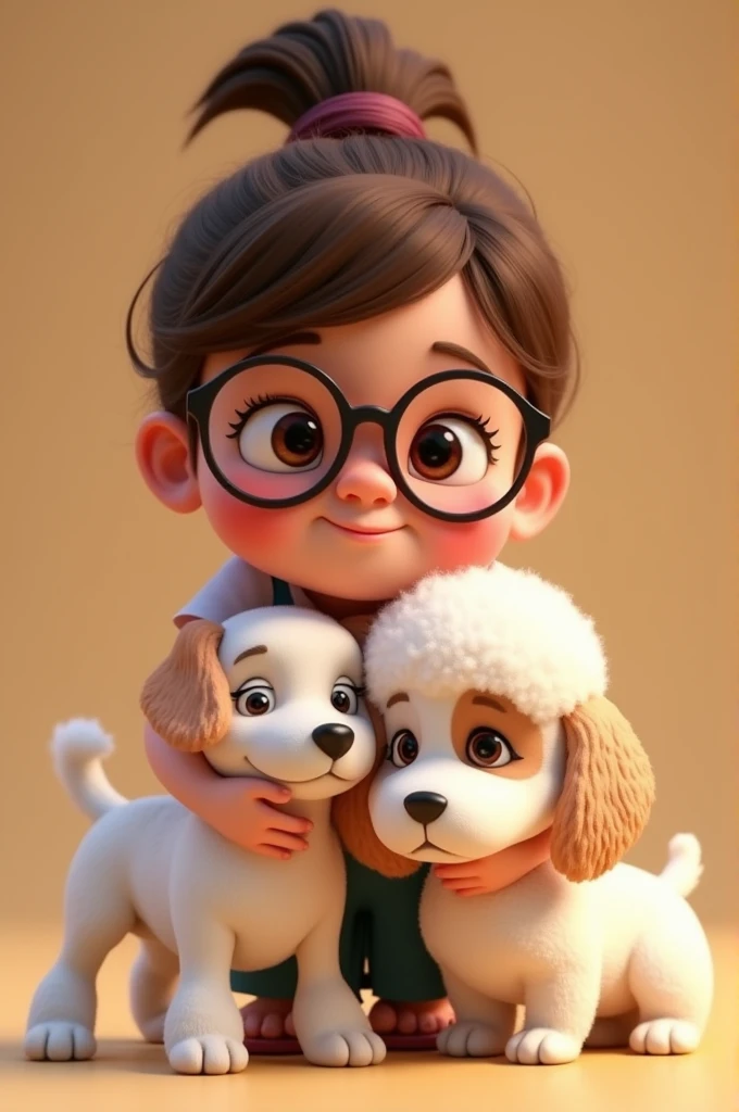 Disney Pixar A 3d toon cartoon of a chubby, plump, somewhat fat girl of about 3 with big glasses and tender eyes, She wears brown hair up in a bun with a middle part,small nose cute smile, who hugs and plays with his two dogs, a white poodle named Tommy and a  dog named Ragnar who is white with a light brown 1 eye patch and large brown spots on his body. Both dogs happy and cute. To use as Instagram profile picture