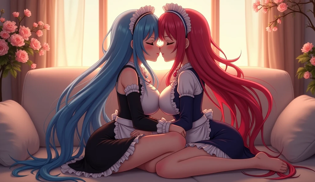 Ram and Rem anime, sexy, , living room at home, twilight, girl on the right red hair, girl on the left blue hair, , long hair, hair pins, maid headdress, effects, stockings, big breasts, kiss, Passion , 1 leg raised, flowers on the background