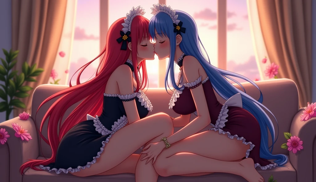 Ram and Rem anime, sexy, , living room at home, twilight, girl on the right red hair, girl on the left blue hair, , long hair, hair pins, maid headdress, effects, stockings, big breasts, kiss, Passion , 1 leg raised, flowers on the background