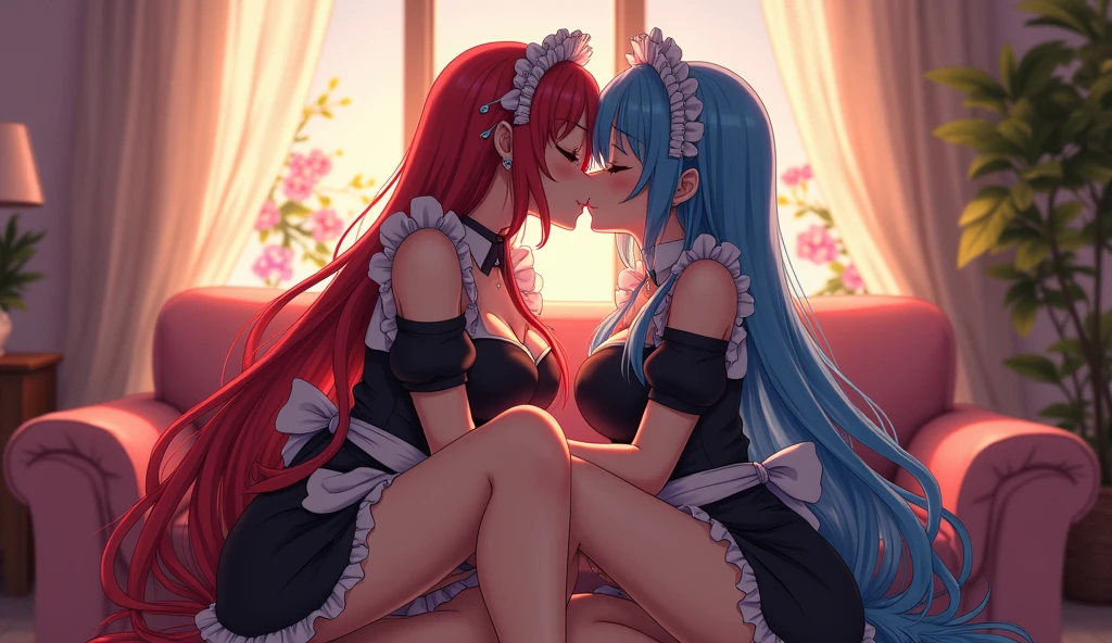 Ram and Rem anime, sexy, , living room at home, twilight, girl on the right red hair, girl on the left blue hair, , long hair, hair pins, maid headdress, effects, stockings, big breasts, kiss, Passion , 1 leg raised, flowers on the background