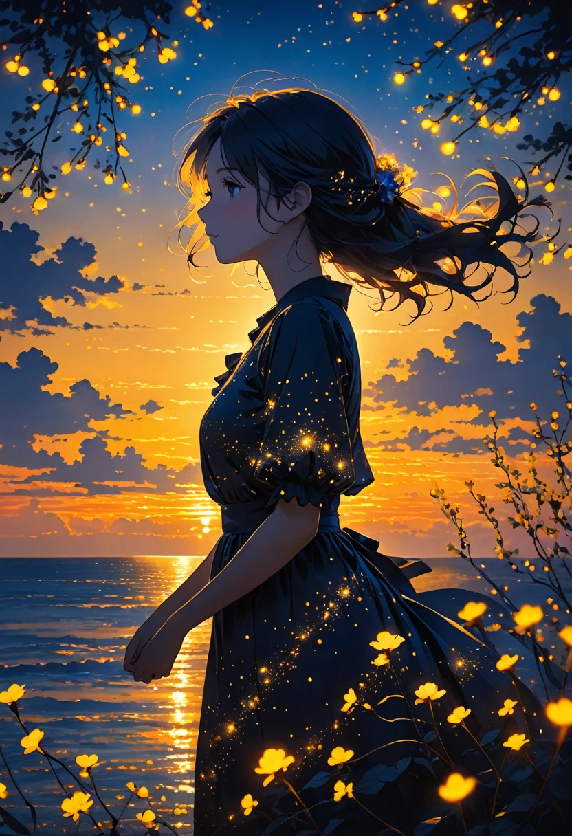 The image depicts a silhouette of a girl standing against a stunning sunset background. The sky transitions from a deep yellow near the horizon to a deep blue as it ascends. The figure appears to be enveloped in a series of tiny glowing fairy lights, some of which are illuminated, creating a stunning and captivating contrast to the dark silhouette. The figure appears to be holding out one arm, perhaps adjusting to or interacting with the lights. The overall mood of the image is peaceful and magical.