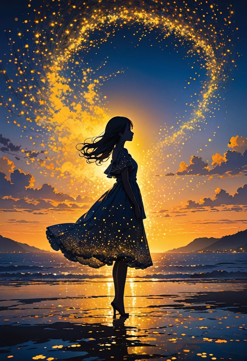The image depicts a silhouette of a girl standing against a stunning sunset background. The sky transitions from a deep yellow near the horizon to a deep blue as it ascends. The figure appears to be enveloped in a series of tiny glowing fairy lights, some of which are illuminated, creating a stunning and captivating contrast to the dark silhouette. The figure appears to be holding out one arm, perhaps adjusting to or interacting with the lights. The overall mood of the image is peaceful and magical.
