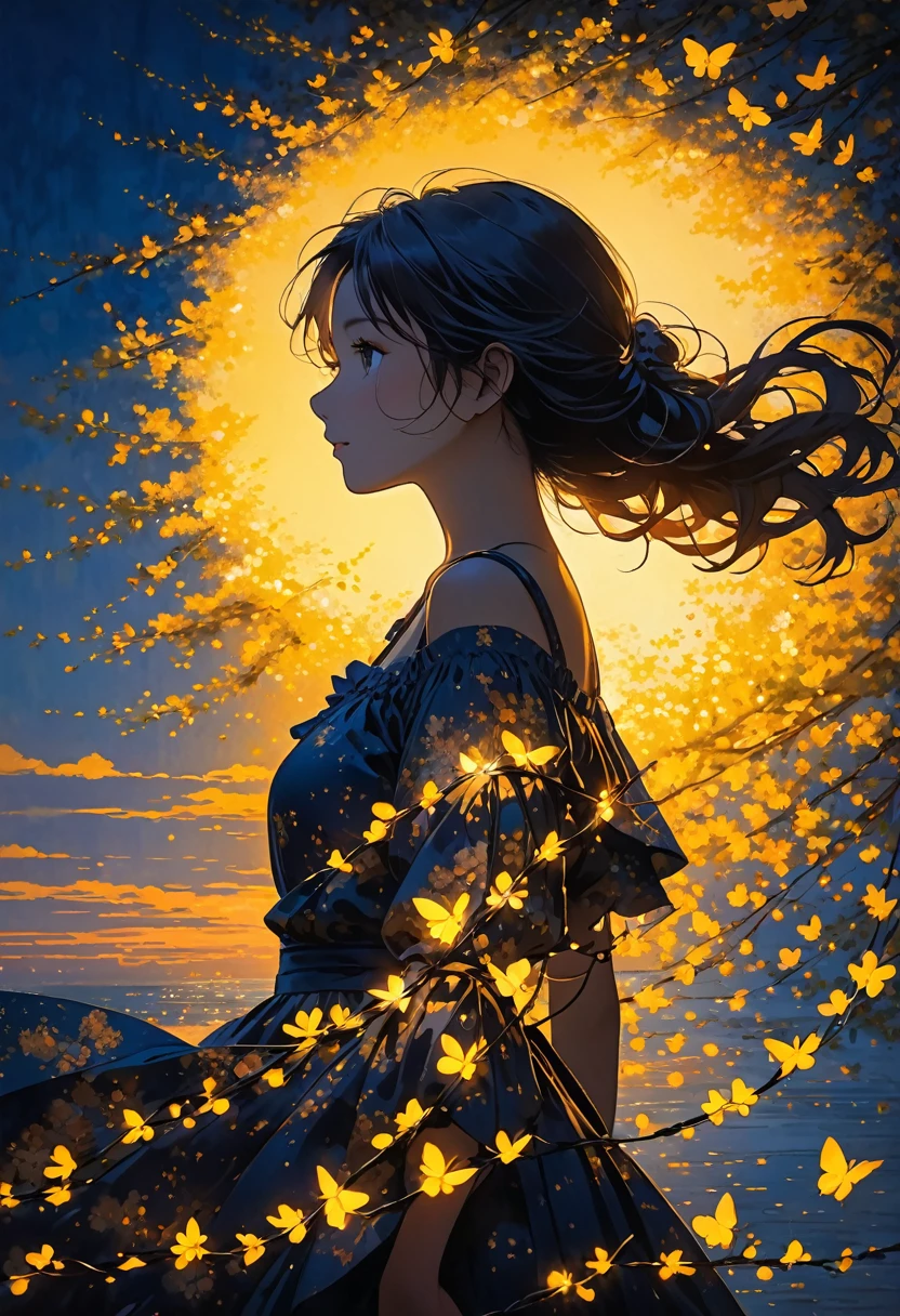 The image depicts a silhouette of a girl standing against a stunning sunset background. The sky transitions from a deep yellow near the horizon to a deep blue as it ascends. The figure appears to be enveloped in a series of tiny glowing fairy lights, some of which are illuminated, creating a stunning and captivating contrast to the dark silhouette. The figure appears to be holding out one arm, perhaps adjusting to or interacting with the lights. The overall mood of the image is peaceful and magical.
