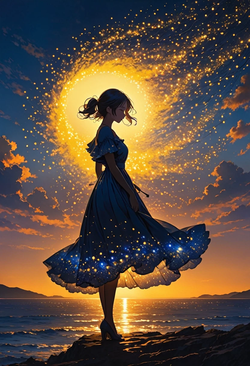The image depicts a silhouette of a girl standing against a stunning sunset background. The sky transitions from a deep yellow near the horizon to a deep blue as it ascends. The figure appears to be enveloped in a series of tiny glowing fairy lights, some of which are illuminated, creating a stunning and captivating contrast to the dark silhouette. The figure appears to be holding out one arm, perhaps adjusting to or interacting with the lights. The overall mood of the image is peaceful and magical.