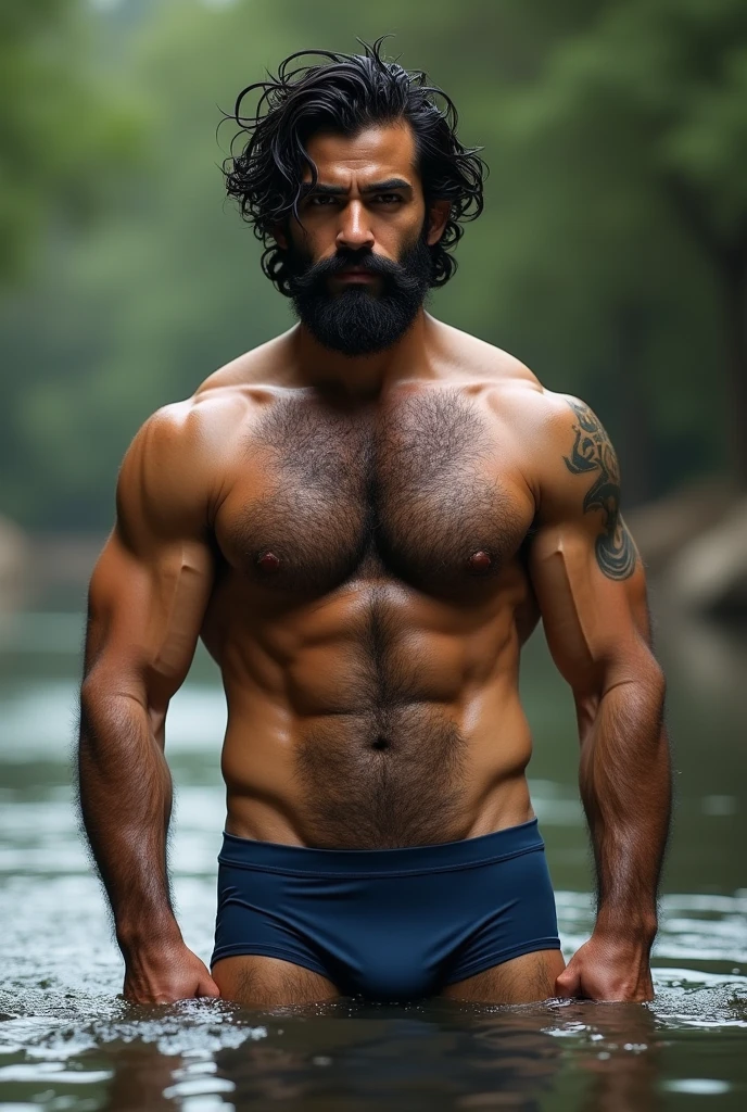 a naked iranian man in navy blue underwear bulge protruding standing in water, hairy chest and hairy body, hairy chest, wet hairy bodies, hair on the chest, hairy chest, sparse hair on the chest, hairy bodies, bare hairy chest, hairy body, very hairy bodies, body hair, fluffy chest, hairy torso, thick, hairy neck and chest fuzz, partially male hairy torso, hairy arms