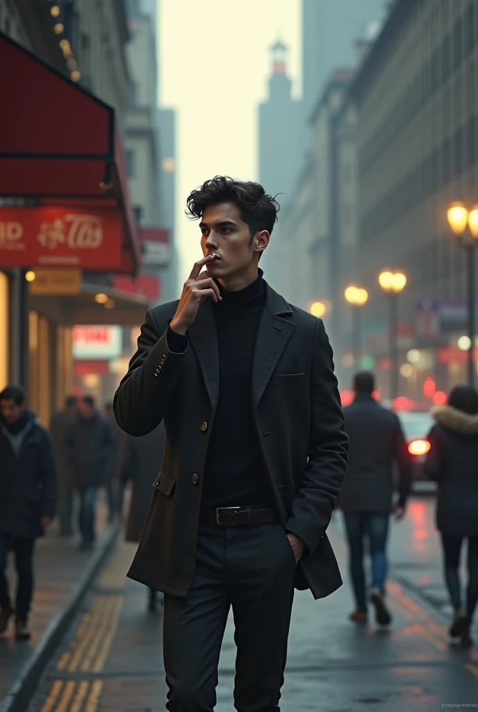 Young man in jacket smoking walking on the street