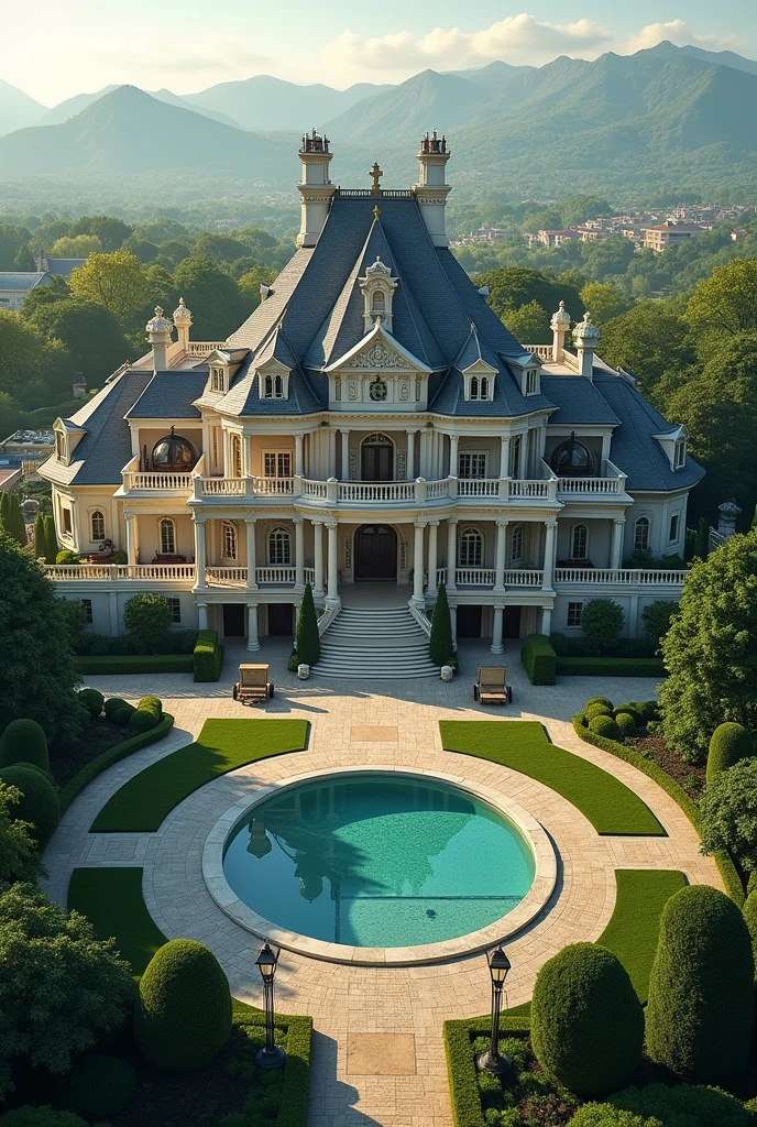 Draw an ai generated pic of a house with three master suites, 50 guest bedrooms, 2 large kitchens, one room library, indoor swimming pool, computer room, big sitting room, music room, large nursery.
