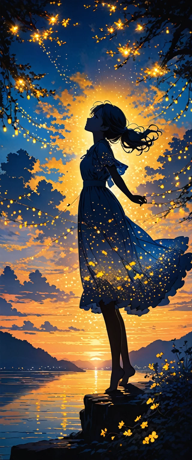 The image depicts a silhouette of a girl standing against a stunning sunset background. The sky transitions from a deep yellow near the horizon to a deep blue as it ascends. The figure appears to be enveloped in a series of tiny glowing fairy lights, some of which are illuminated, creating a stunning and captivating contrast to the dark silhouette. The figure appears to be holding out one arm, perhaps adjusting to or interacting with the lights. The overall mood of the image is peaceful and magical.
