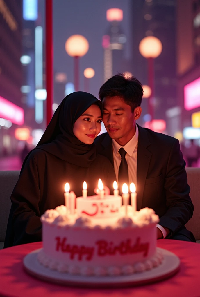 Create an image featuring two individuals sitting closely together in front of a birthday cake with lit candles. The individuals should be dressed in formal attire, with one wearing a hijab and the other in a suit. The setting is an urban environment at night, showcasing city lights and skyscrapers in the background. The birthday cake is big an awsome should have the text "Happy Birthday [SEPTI SULISTIYANI],and candle 25 " on it, and there should be a warm, pink glamour celebratory atmosphere to the scene.