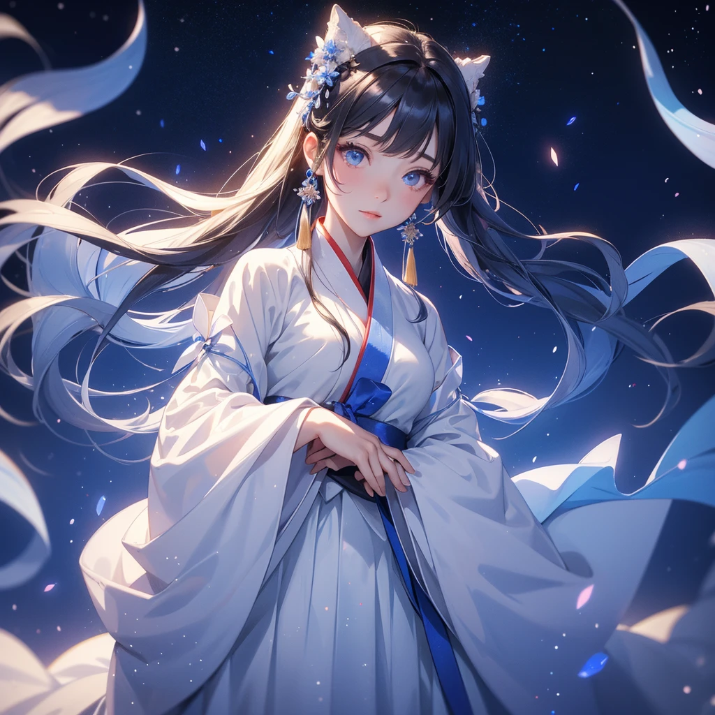 A beautiful female in white hanfu dress , Standing in the middle of dark night, with moonlight and millions of stars, twinkling everywhere, with blue light, close up.