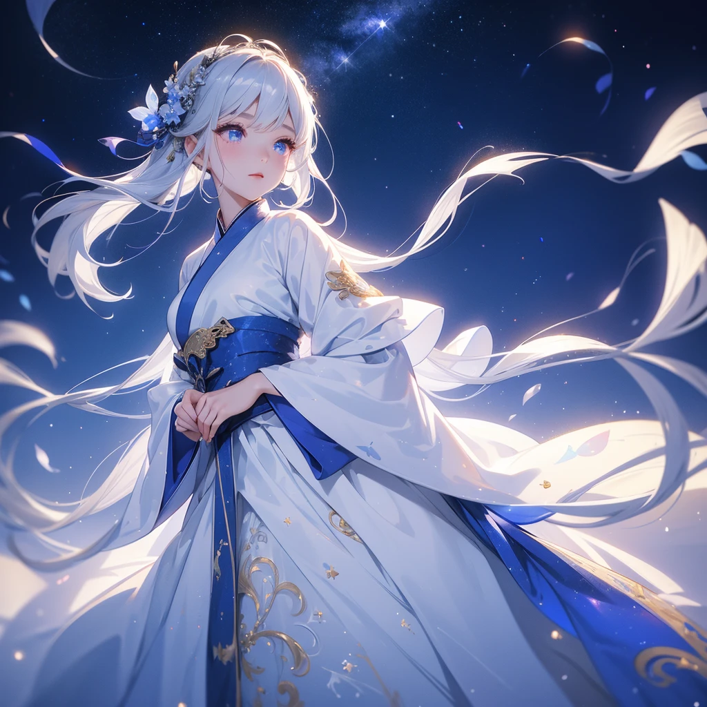A beautiful female in white hanfu dress , Standing in the middle of dark night, with moonlight and millions of stars, twinkling everywhere, with blue light, close up.