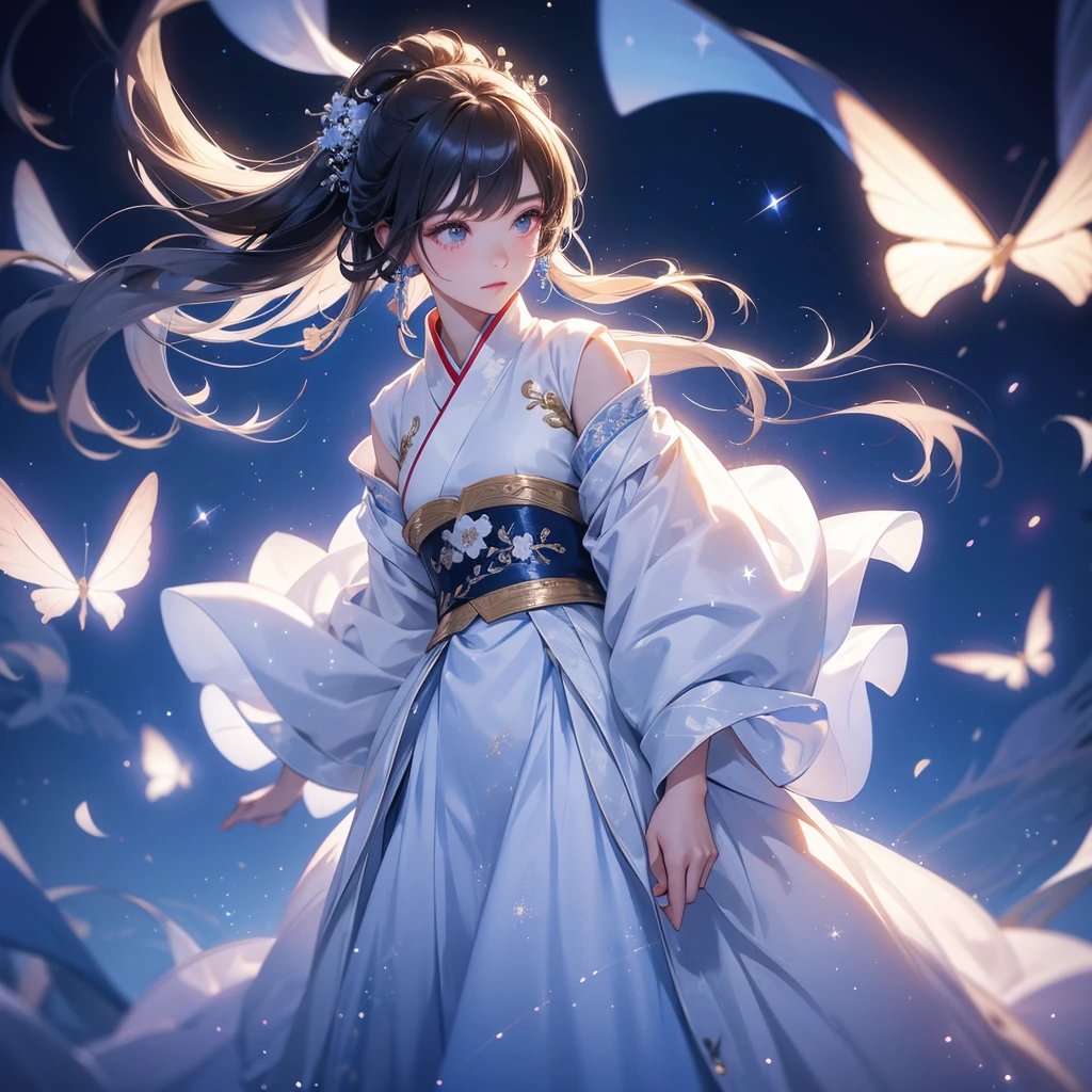 A beautiful female in white hanfu dress , Standing in the middle of dark night, with moonlight and millions of stars, twinkling everywhere, with blue light, close up.