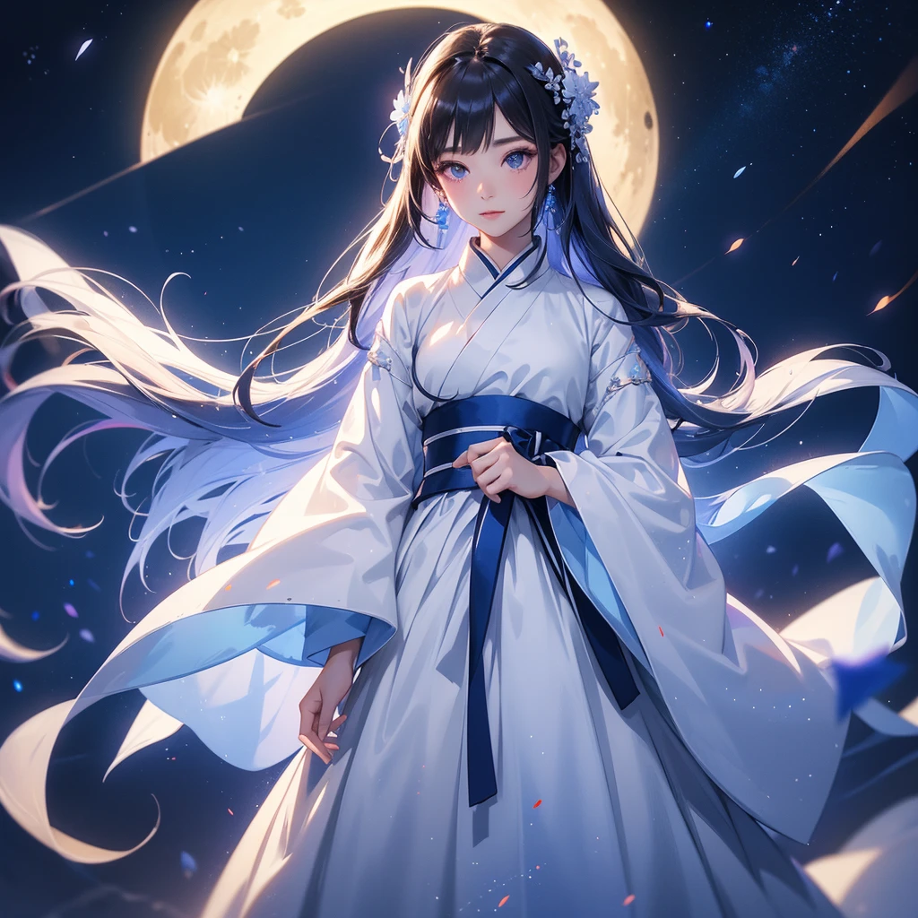 A beautiful female in white hanfu dress , Standing in the middle of dark night, with moonlight and millions of stars, twinkling everywhere, with blue light, close up.