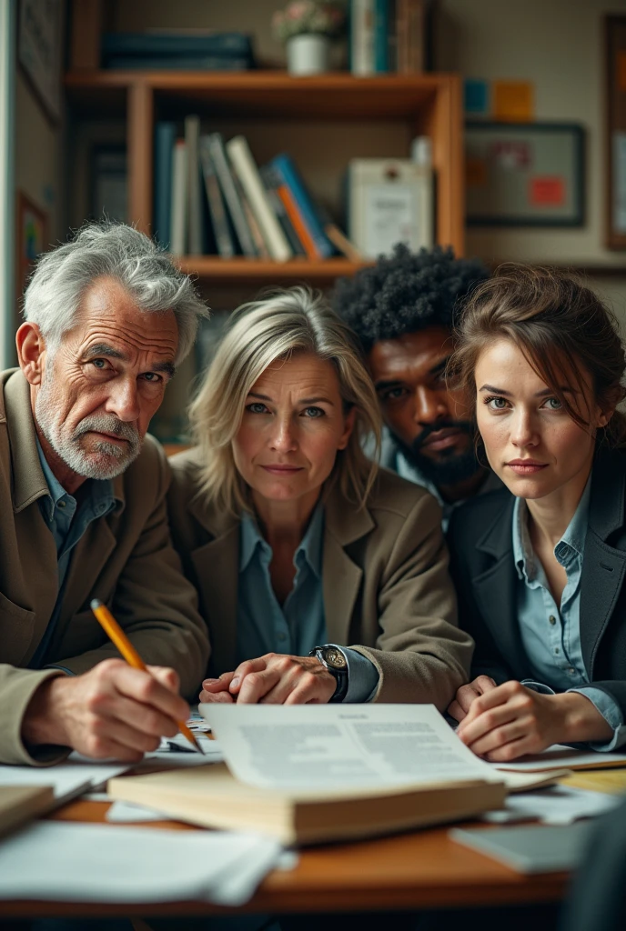 A realistic, slightly grainy image of a diverse group of coworkers in a busy, slightly cluttered office. The group consists of an older man with gray, thinning hair, deep wrinkles, and slightly sagging skin, a middle-aged woman with uneven skin tone, bags under her eyes, and visible stress lines, a young man with dark, rough skin and noticeable stubble, and a young woman with fair skin, some visible acne scars, and slightly frizzy, unkempt hair. The office has a realistic atmosphere with mismatched furniture, scattered papers, and warm, slightly uneven lighting. The image should have visible skin imperfections, slight grain, and a softer focus to avoid a hyper-realistic look, making the scene appear like a candid photo taken in a real office setting.