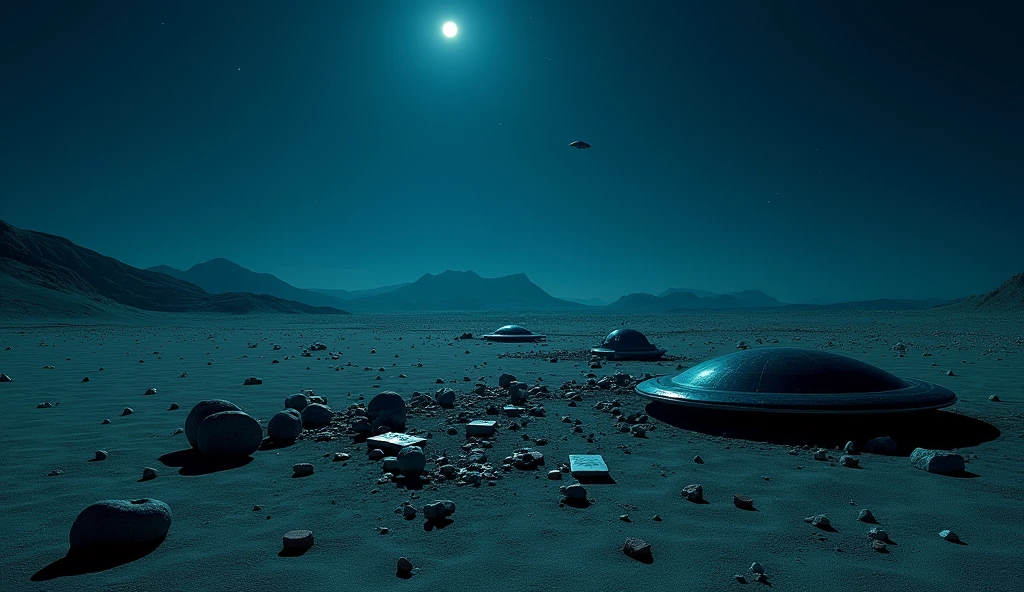 Theme: Very Creepy and Mysterious.
Scene Description: The crash site with metallic debris scattered across the desert near Walker Air Force Base.
Setting: Nocturnal, with bluish light creating a spooky atmosphere; shadows of debris cast across the desert.
Start the image at: "Reports of a flying disc that crashed in the desert near Walker Air Force Base."
End the image at: "Debris scattered across the area."