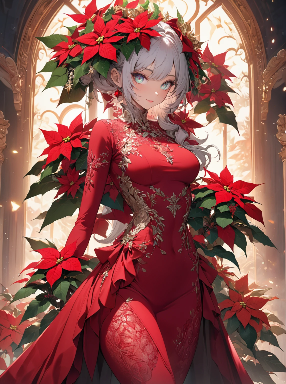 Ultra high resolution, rich colors, perfect image, best quality, beautiful women, glowing skin, skin and clothing texture, delicate eyes, anthropomorphic, flowers, poinsettia