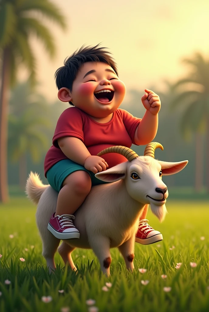 Beautiful chubby Indonesian , wear a t-shirt, Shorts, wear sneakers, laughing face while riding a goat, evening atmosphere, on the grass near the rice fields, ultra details, minim diffect, hd ultra images