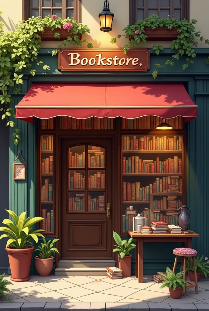 Illustrates the facade of a classic bookstore. It shows an entrance with a wooden door, large windows and a sign with the name of the bookstore. Includes some books on display in front of the window and a canopy over the entrance. Use warm colors for a cozy look.