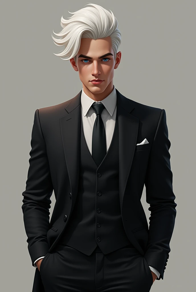 He has fluffy white hair, usually left loose naturally. His face is sharp and handsome, with bright blue eyes. He wears a black suit 