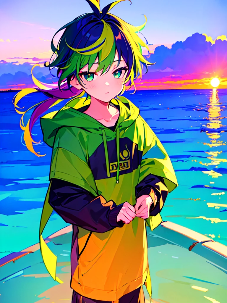 [(SUMMER BACKGROUND:1.5),::5], ((((masterpiece)))), high quality, ultra very high resolution, full color, (((solo))), ((**********)), Purple hair, ((Green streaked hair)), (Green eyes), anime, ((upper body)), neon light, black parka, SEA, SUNSET