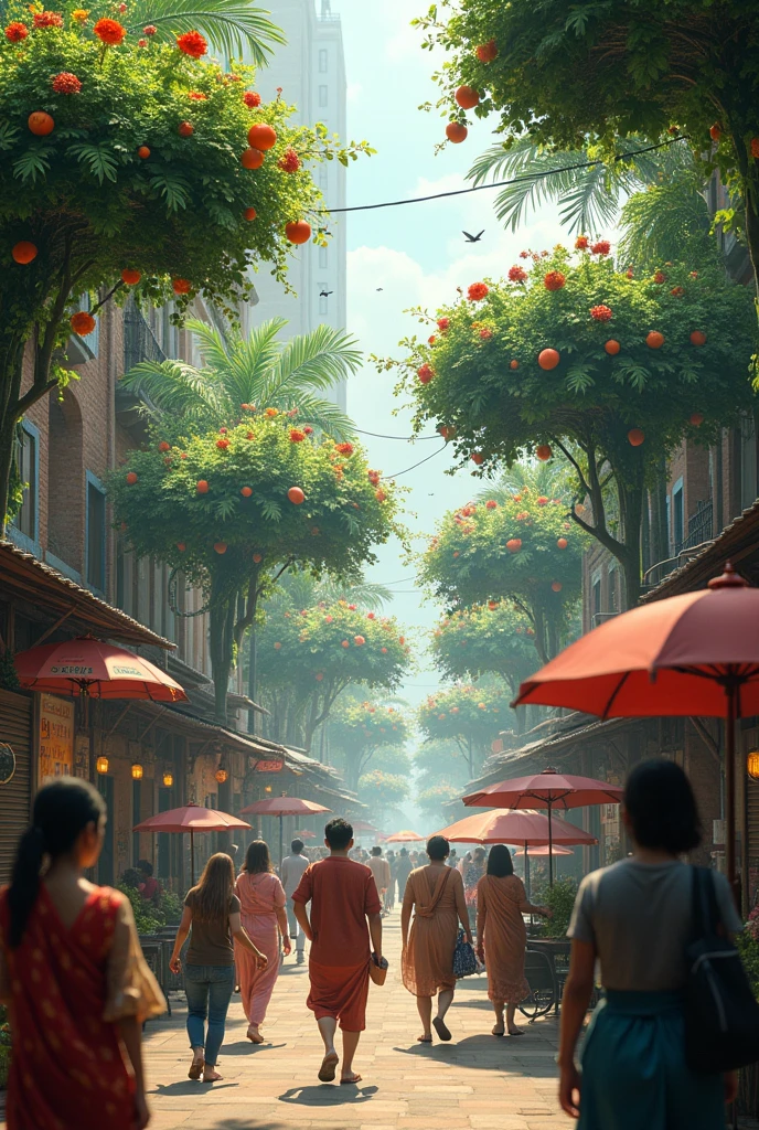 (photorealism:1.2), The Church Street in Bangalore in India, with floating vegetation of beautiful flowers and fruits, held in the air with white canopies under them, insects and birds roaming around the canopies, the vegetal canopies are provided by the Green Shades and provide shade for the people.