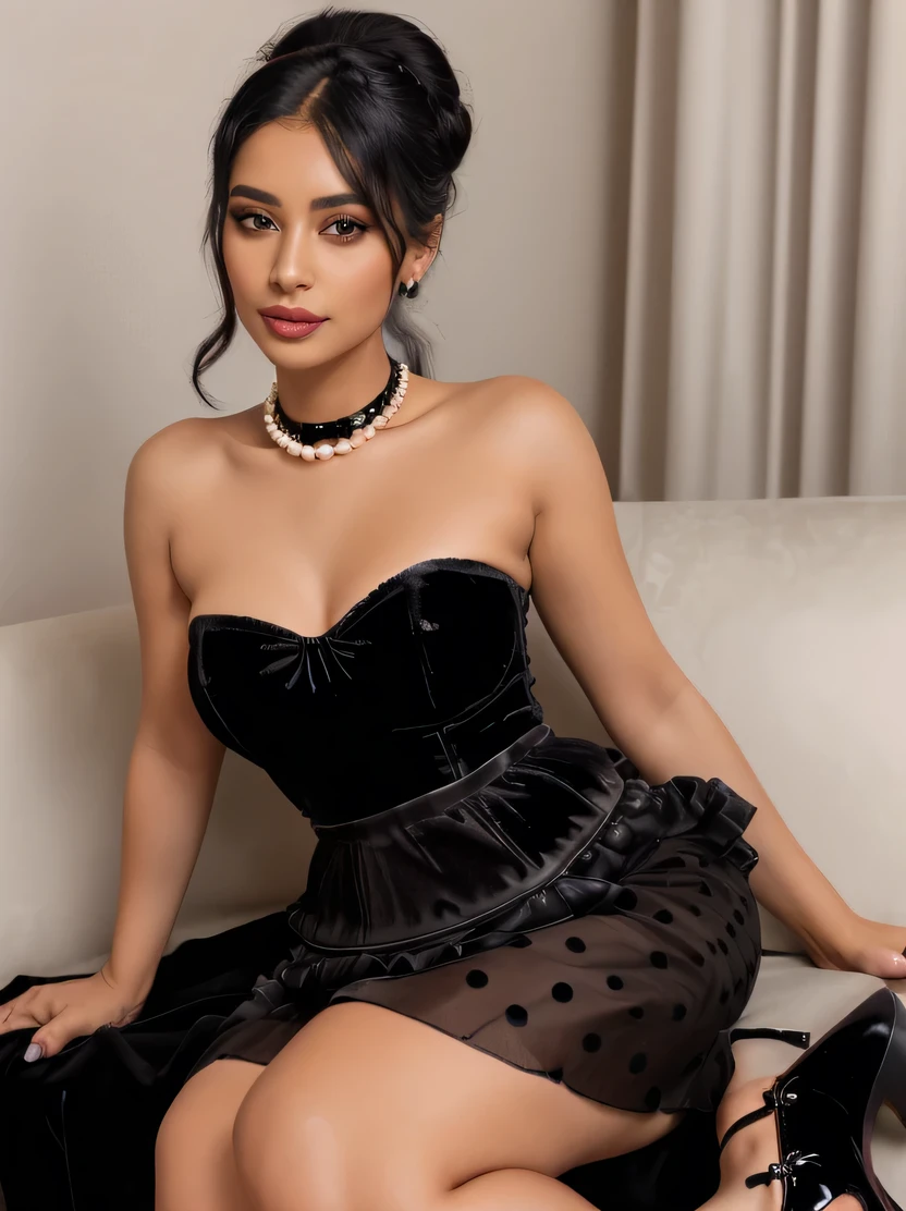 Create an ultra-realistic image of a modern, attractive female influencer of Indian descent, aged between 27 to 30. She should have a warm and inviting smile, expressive almond-shaped eyes with a slight shimmer, and clear, glowing skin with a medium brown complexion. Her features should be well-defined, with high cheekbones and a sharp jawline. Her hair should be long, thick, and styled in a classic chignon with delicate pearl hairpins, with a deep, reddish-purple hue that’s bold yet sophisticated. She should have a slender yet athletic build with ((gigantic breasts (plump: 1.3))) (((she wear a Design a strapless black velvet dress that features a fitted bodice and a flared, A-line skirt. The dress should have a slight sheen to the velvet fabric, giving it a luxurious and elegant look. The skirt should have a subtle volume, ending above the knee with a layer of white satin or tulle peeking out from underneath the hem for added contrast and a touch of playfulness. Pair the dress with sheer black tights patterned with small polka dots, and finish the outfit with classic black patent leather Mary Jane heels that have a delicate ankle strap. Add a single-strand pearl necklace to complete the sophisticated yet youthful ensemble.))))