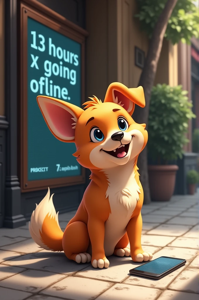 A caramel colored stray dog sitting on the sidewalk wagging his tail happily and next to him a cell phone on the ground, behind a store a digital sign showing 13 hours X going offline