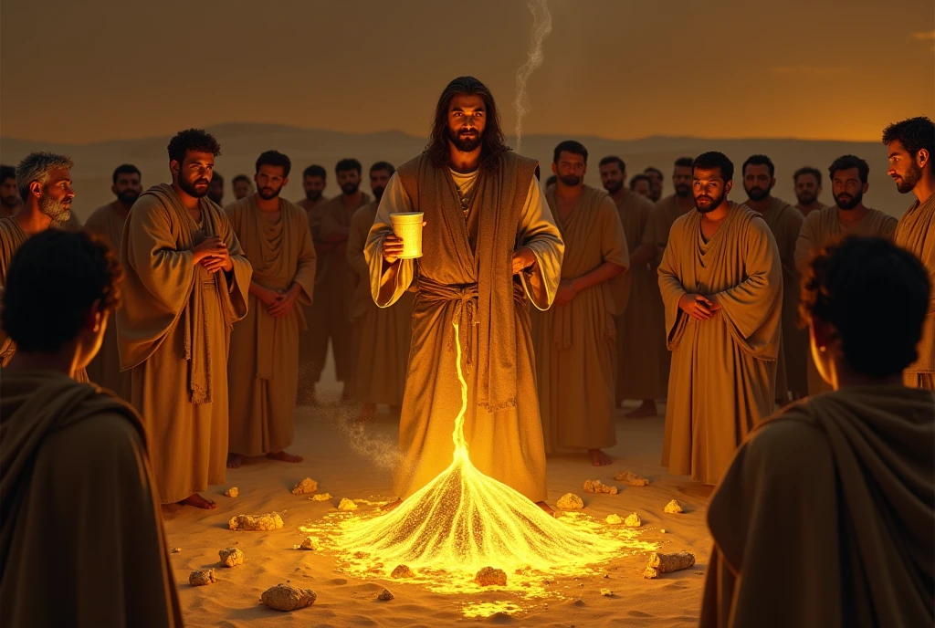 "A somber scene at a desert camp, where Moses, with a stern and resolute expression, forces the Israelites to drink the golden liquid resulting from the melted golden calf. He holds a cup with the glowing liquid, while the Israelites, with expressions of regret and fear, are forced to drink as punishment for their idolatry. Ao fundo, pieces of the melted golden calf are scattered across the floor, and the atmosphere is tense, with an eerie golden light reflecting off the surrounding desert, symbolizing the seriousness of the punishment."