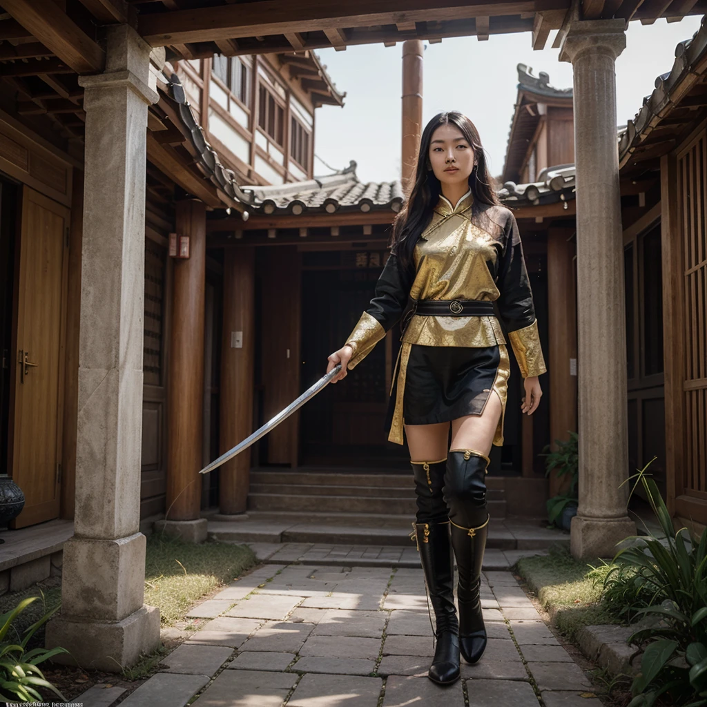 A young Chinese woman with long hair is depicted wearing traditional East Asian warrior armor in black, white, and gold. She is engaged in combat, wielding an ancient Chinese broadsword. Her body is surrounded by a shimmering silver aura that radiates outward. The dark background features elements of ancient East Asian architecture, such as tiled roofs and wooden columns. The outdoor scene includes natural elements like bamboo trees or shrubs. The lighting suggests an early morning or late afternoon, creating a serene yet mysterious atmosphere. Scattered leaves add to the sense of movement and tranquility.
