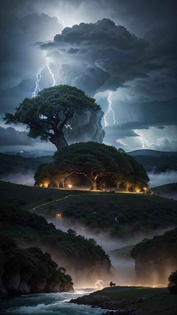 (best quality, highres, ultra-detailed), magical sheep made of thunder, magical ram made of lightning, vibrant colors, surrealistic, thunderous storm, epic proportions, mystical atmosphere, remote location, majestic landscape, ancient trees, rolling hills, sparkling rivers, dramatic lighting, enchanting glow, hidden treasures, mystic aura, magnificent horns, crackling energy, dynamic poses, regal presence, awe-inspiring sight, ethereal beauty, mystical powers, thunderous rumble, king with a regal crown, bustling village, curious townspeople, harmonious coexistence