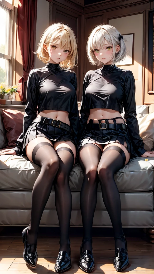 

"Two 1 twin sisters, both sisters have short white hair and intense yellow eyes. One of the sisters is wearing a black long sleeve top with bare midriff and a black mini skirt with a brown belt.. The other sister is wearing a white long sleeve top with bare midriff and a black mini skirt with a brown belt.. Both sisters wear thigh-high stockings., accentuating her toned legs and black shoes. Twin sisters are in the living room of a modern house, with naughty expressions. They are sitting side by side on a leather sofa, with a confident and intimidating posture, as soft sunlight streams in through the large window behind them, illuminating their elegant silhouettes."
