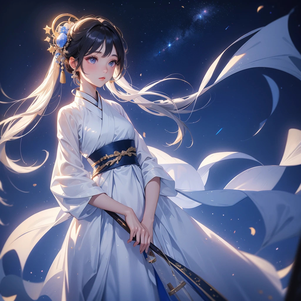 A beautiful female in white hanfu dress , Standing in the middle of dark night, with moonlight and millions of stars, twinkling everywhere, with blue light, close up.