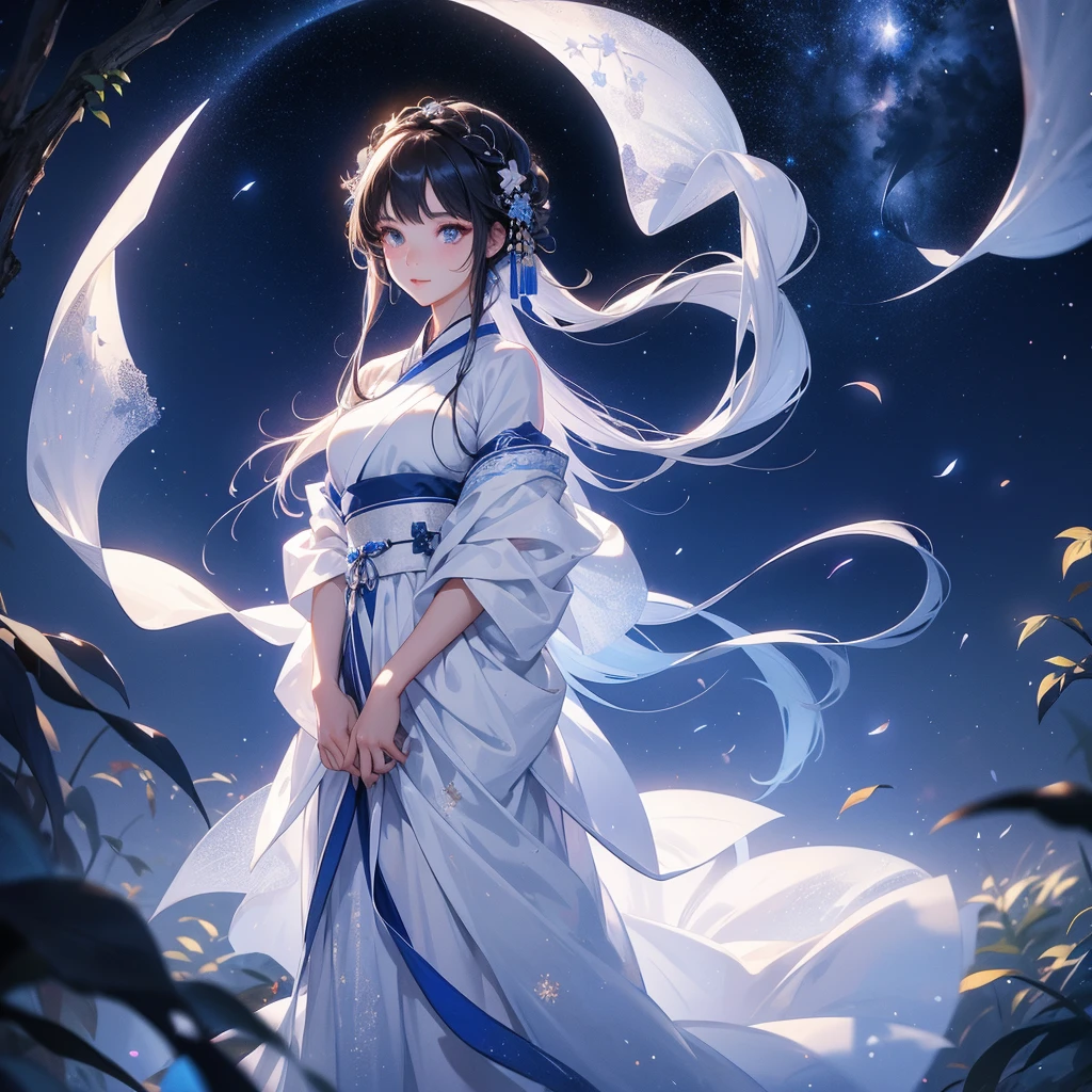A beautiful female in white hanfu dress , Standing in the middle of dark night, with moonlight and millions of stars, twinkling everywhere, with blue light, close up.