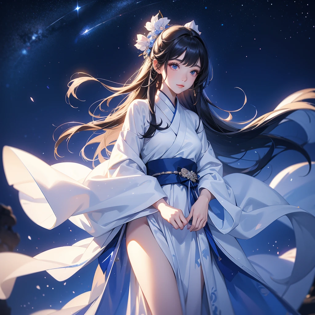 A beautiful female in white hanfu dress , Standing in the middle of dark night, with moonlight and millions of stars, twinkling everywhere, with blue light, close up.