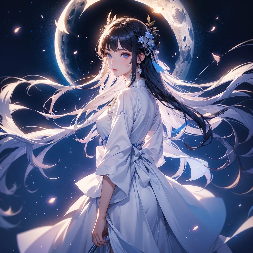 A beautiful female in white hanfu dress , Standing in the middle of dark night, with moonlight and millions of stars, twinkling everywhere, with blue light, close up.