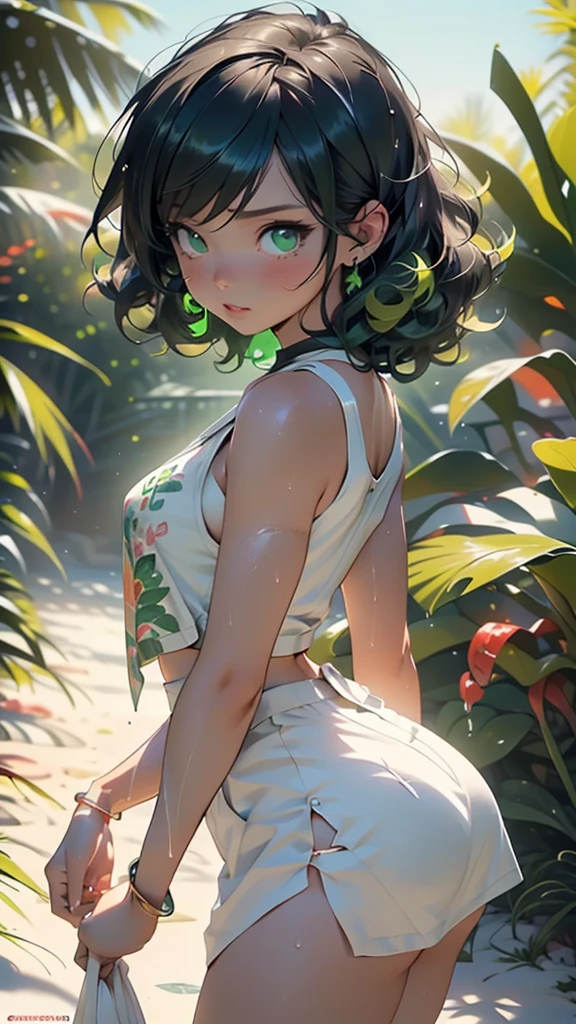 girl youtuber,(((1girl))),((extremely cute and beautiful green curly-haired girl)),

(short breasts:1.4),big butt,(((green curly hair:1.35,very curly hair,colored inner hair,ear breathing,short hair))),(((green_eyes:1.3))),intricate eyes,beautiful detailed eyes,symmetrical eyes,big eyes:1.3,((fat)),(((lustrous skin:1.5,bright skin: 1.5,skin tanned,shiny skin,very shiny skin,shiny body,plastic glitter skin,exaggerated shiny skin,illuminated skin,wet legs))),detailed body,(detailed face),

cute,slutty,seductive,erotic,(((nsfw))),

zettai ryouiki,revealing clothing,show skin,((rave mini-skirt,visible thong straps,white loose tank top with an anime art print)),((wet clothes,intricate outfit,intricate clothes)),

(dynamic pose:1.0),embarrassed,(centered,scale to fit dimensions,Rule of thirds),

outdoor,((beach rave party)),scenery:1.25,((intricate scenery)),((beach rave party background)),beach rave party atmosphere,Summer beach party,sand,beach party behind,harmonized orange sunset adding to the atmosphere of a summer beach party,beach party atmosphere,Boom festival,European rave,Cytorance festival,time golden,Ozora festival,sea,horizon,palm,palm trees,Christmas lights,

(Glossy rave ornaments),highres,sharp focus,(ultra detailed,extremely detailed),(photorealistic artwork:1.37),(extremely detailed CG unity 8k wallpaper),(((vibrant colors,vibrant theme))),(intricate),(masterpiece),(best quality),artistic photography,(photography taken by sldr),(intricate background),perfect rendered face,perfect face details,realistic face,photo realistic,((intricate detail)),(((realism))),
