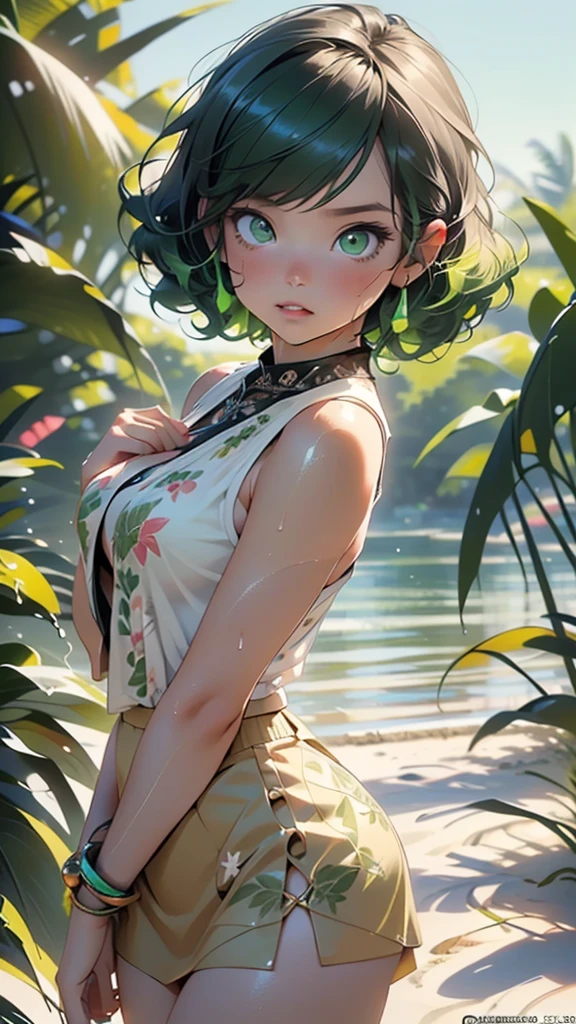 1 girl, short hair, green eyes, serene expression, fascinating eyes, long straight hair, loose dress, serene posture, porcelain skin, subtle blush, BREAK crystal pendant golden hour, (edge lighting): 1.2, warm tones, sun glow, soft shadows, vibrant colors, pictorial effect, dreamy atmosphere BREAK scenic lake, distant mountains, willow, calm waters, reflection, sunlit clouds, Tranquil atmosphere, idyllic sunset, ultra detailed, official art, 8k unit wallpaper, Zentangle, Mandala