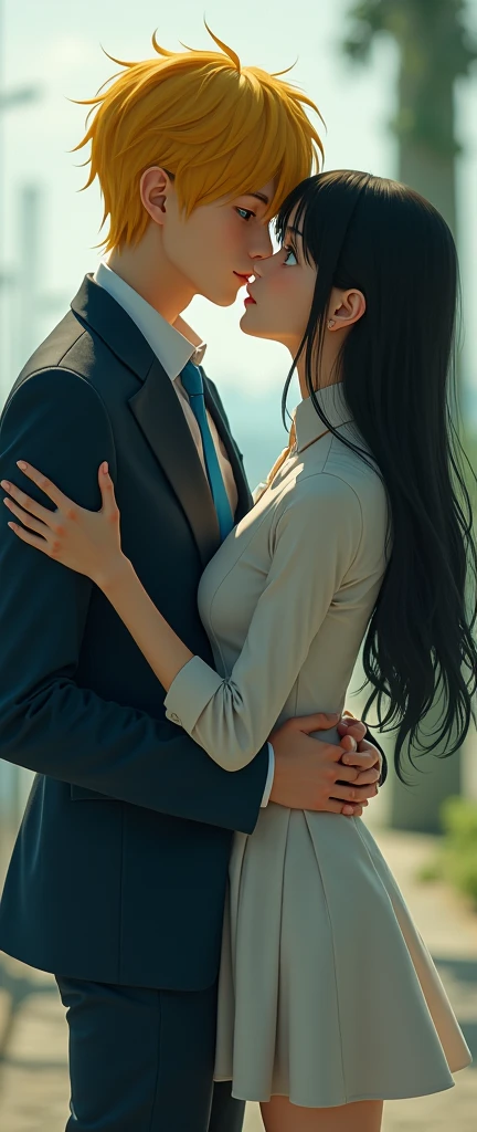 (32K:1.9, Realistic:1.9, Highest quality, masterpiece, Ultra-high resolution), Perfect dynamic composition:1.3, Highly detailed skin and facial textures:1.3, (Cute sexy slim Japanese schoolgirl, Height: 155cm), (Slim man, Length 180cm), ((They both close their eyes, A man carries a woman in his arms:1.3, to kiss:1.4)), Fair skin, ((Clarity:1.1)), (The guy has a great uniform:1.3, Bright yellow hair, beautiful目:1.3), (The woman is wearing a uniform with a light blue tie..:1.3, Straight black hair.:1.3, smile:0.9, A man completely charms a woman:0.9, beautiful Blue Eyes, beautiful, Clear Eyes:0.8), Sexy Face:0.4, blush:1.1, (beautifulエロティシズムを醸し出す雰囲気:0.8), Professional random camera work, Cinematic Lighting Effects, (Full Body Shot), (Too erotic), romantic, mysterious, Object of admiration, original, dramatic, artistic, Innovative, charm, Heartful, Fancy, Tilt, sense of loss, special, exciting, Extreme, sense of openness, joy, joyの表現, ((若さのcharm, 女性的なcharm))