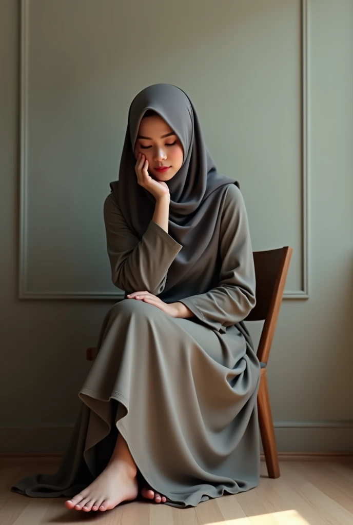 one malay women wearing niqab seat on chair,at room ,hand at face