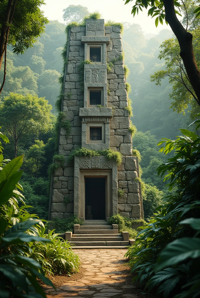 Create a medium-sized, simple stone Brazilian indigenous temple in the middle of the Amazon