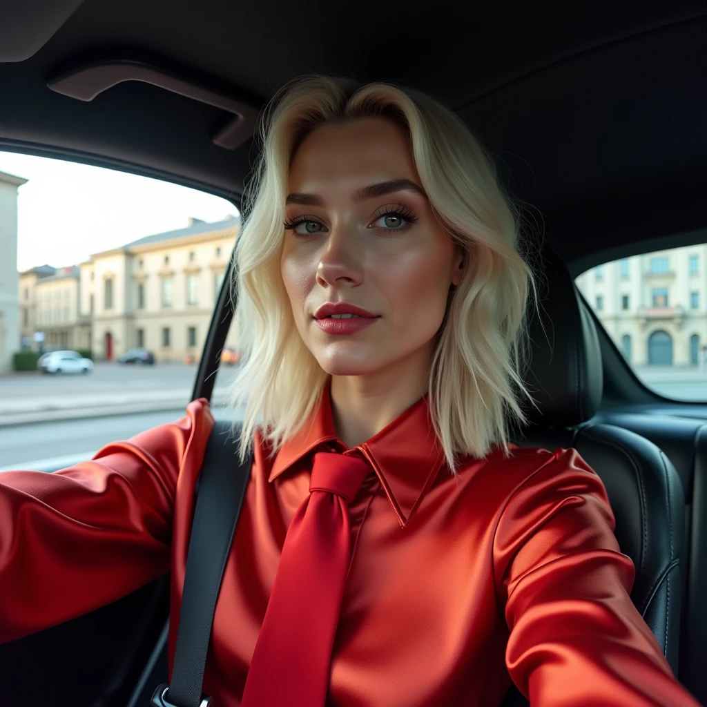 selfie photo of a androgynous lady in a car, wearing a glamorous satin blouse with red tie, city of berlin in the background