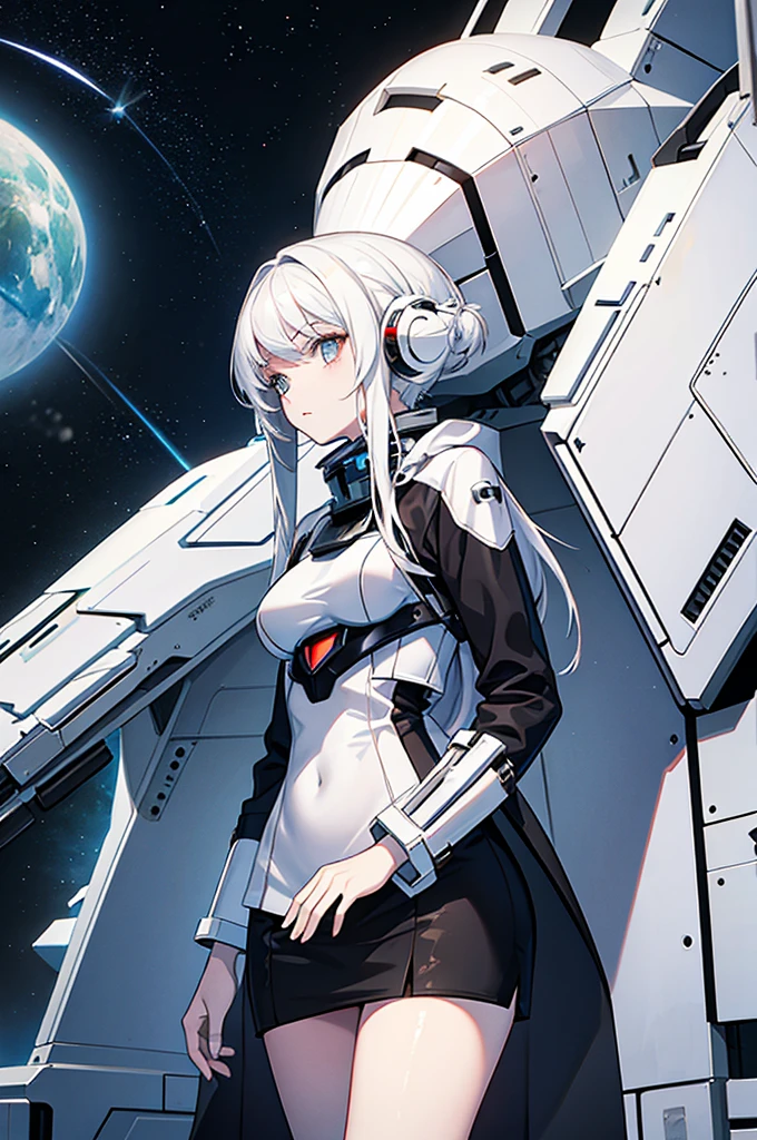 White hair，Girl，Space battleship，Gloomy environment，Masterpiece，high quality