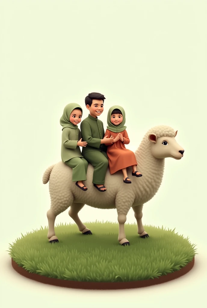 A family, each dressed in simple Muslim clothing, riding a sheep..original human. Native Indonesian people. Eid al-Adha. transparent background. Fresh green shades. facing the camera. Sheep standing on a circle of grass and a layer of soil on the edge