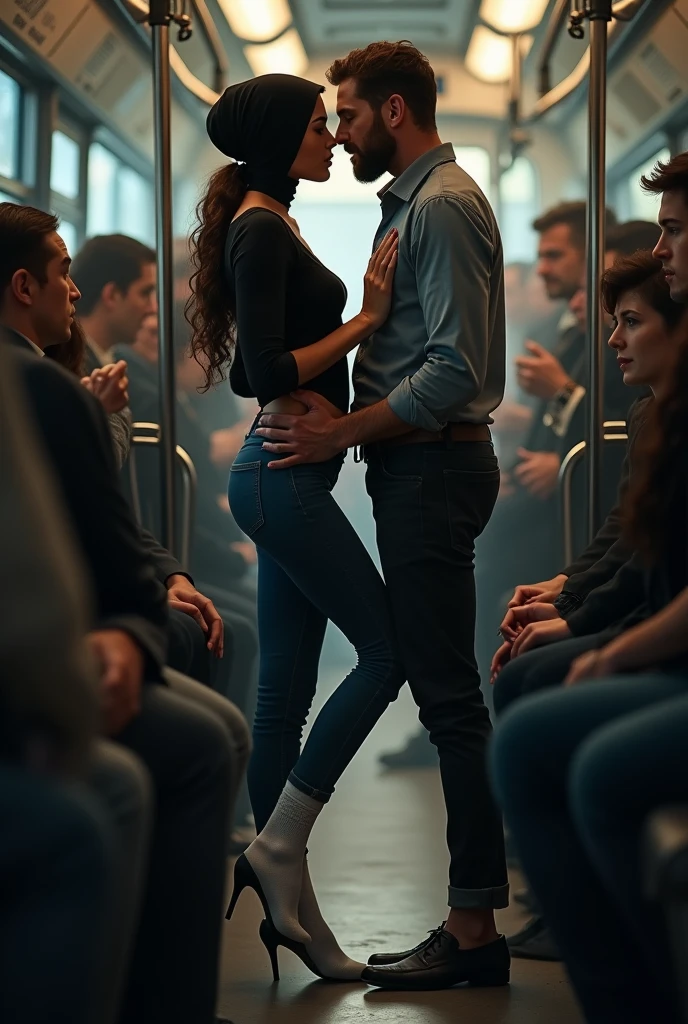 with black headscarf,jeans and white socks, Sexy skinny woman touches the front of the man's pants with her foot on the bus.